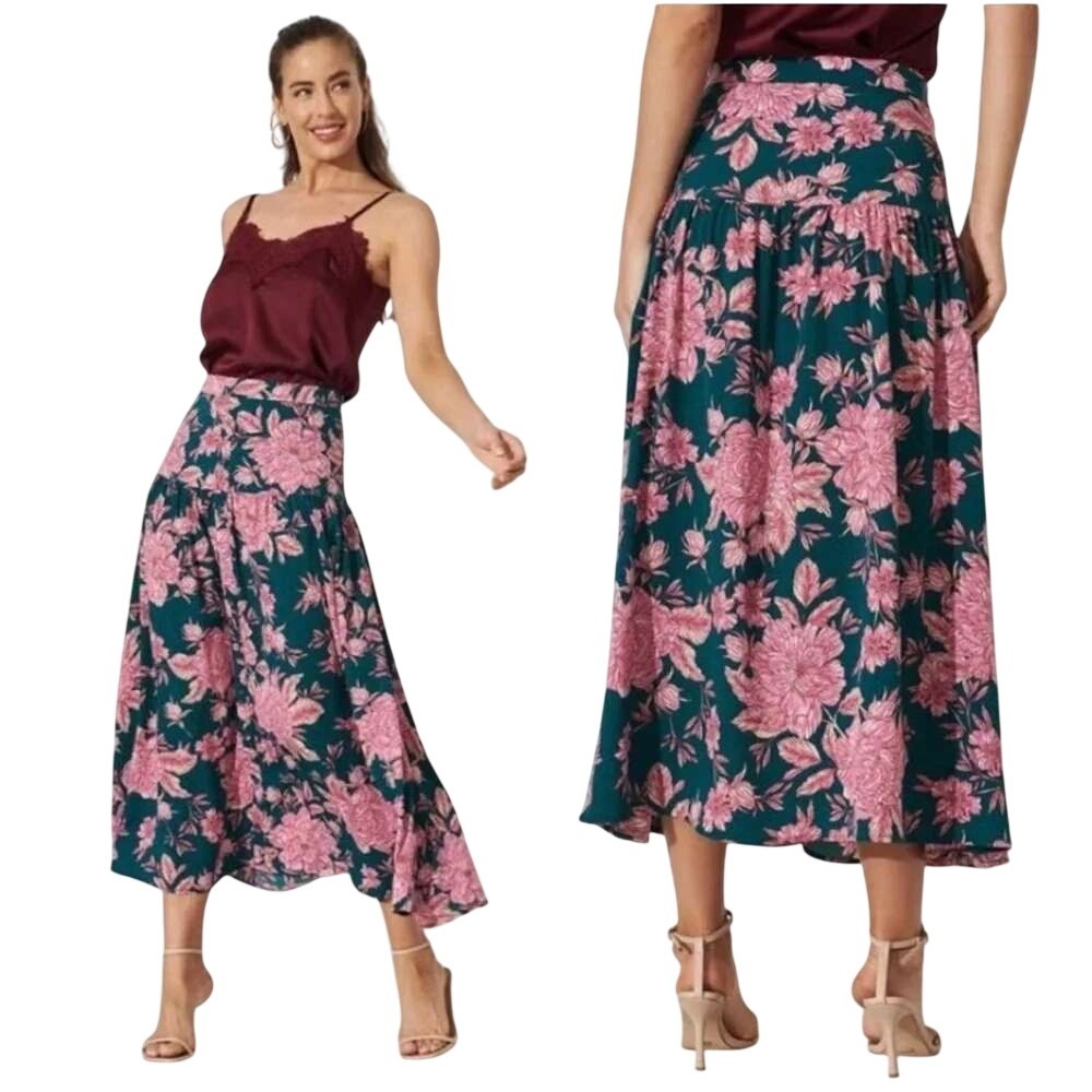 New Abel The Label Anthro Bonnie Maxi Skirt Women L Floral Tiered Teal Pink Teal